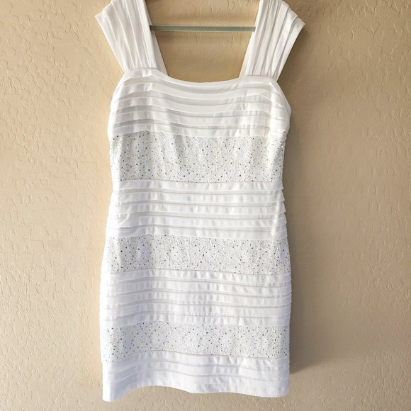 R&M Richards White Sleeveless Square Neck Sequin Knee Length Dress Stretch - Picture 10 of 12